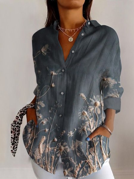 

Shirt Collar Long Sleeve Geometric Regular Micro-Elasticity Regular Fit Shirt For Women, Purplish blue, Shirts