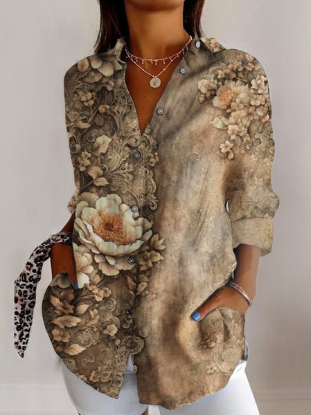 

Retro dark floral print long sleeved shirt, Brown, Blouses
