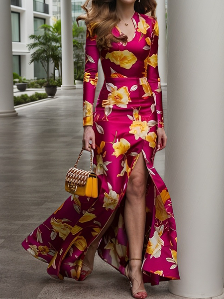 

Elegant Floral Side-Slit Notched Maxi Dress, As picture, Maxi Dresses