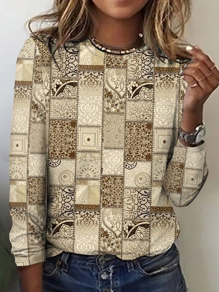 

Vintage Plaid Crew Neck Long Sleeve T-shirt, Khaki, T-shirts