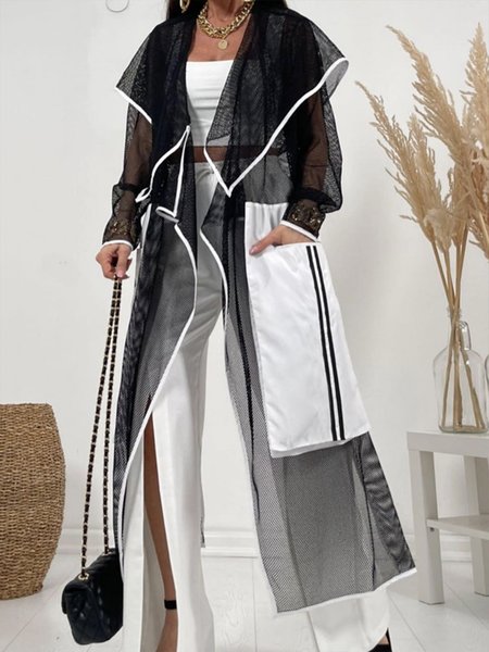 Casual Split Joint Color Block Shawl Collar Kimono, Black, Kimonos