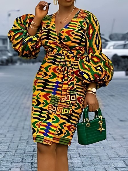 

Elegant Geometric Balloon Sleeve V Neck Dress, As picture, Midi Dresses