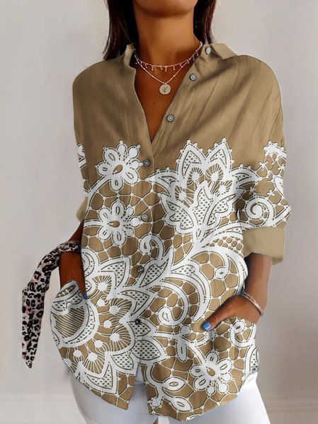 

Shirt Collar Long Sleeve Geometric Regular Micro-Elasticity Regular Fit Shirt For Women, Khaki, Shirts