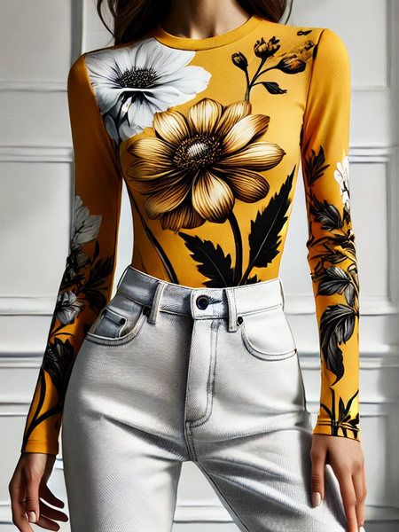 Urban Floral Printing Crew Neck T-shirt, As picture, Tees