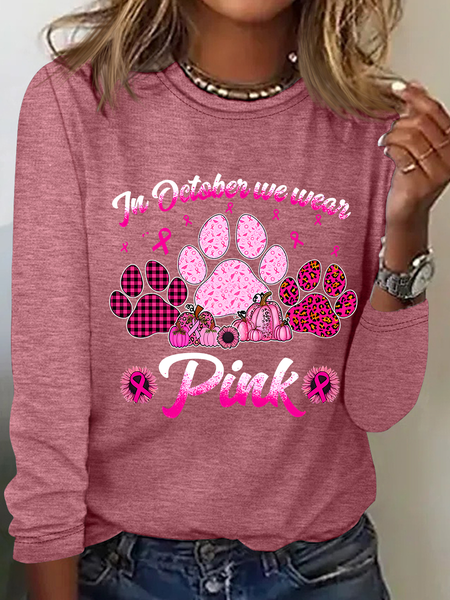 

Breast Cancer Awareness Dog Paw Print Casual Long Sleeve Shirt, Watermelon, Long sleeves