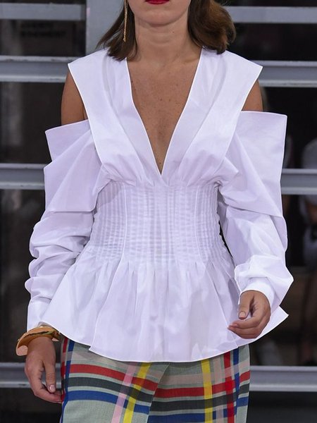 

Urban Plain Hollow Out V Neck Off Shoulder Sleeve Blouse, White, Blouses and Shirts