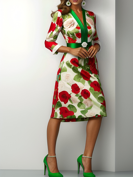 

Elegant Floral Printing V Neck Midi Dress, As picture, Midi Dresses
