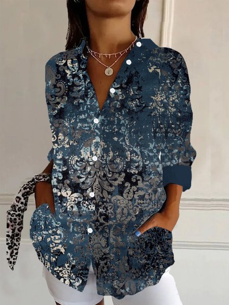 

Women's Long Sleeve Shirt Spring/Fall Ethnic Shirt Collar Daily Going Out Casual Top, Purplish blue, Shirts