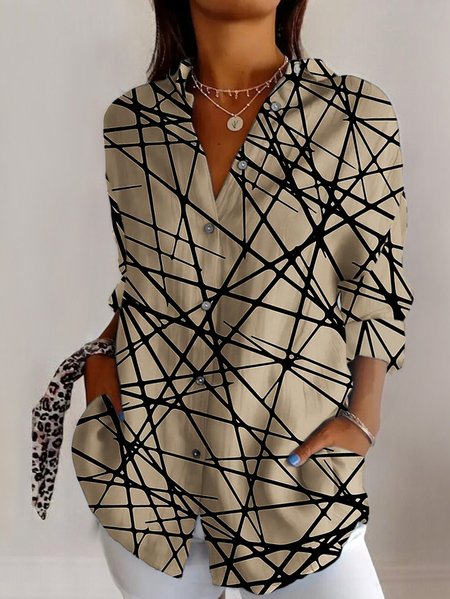 

Shirt Collar Long Sleeve Geometric Regular Micro-Elasticity Regular Fit Shirt For Women, Khaki, Shirts