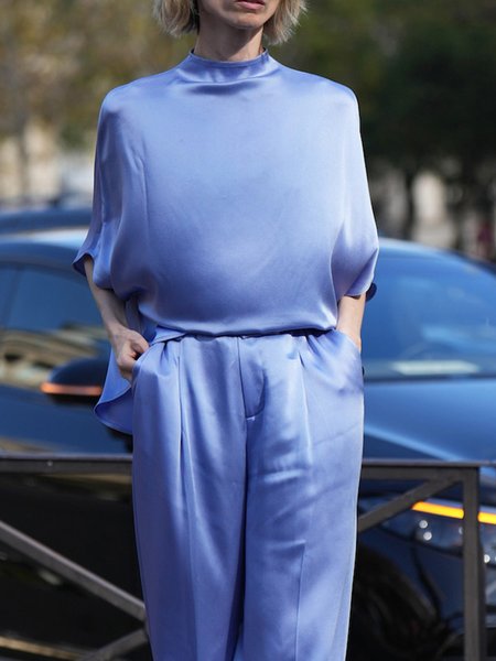 Elegant Plain Stand Collar Raglan Sleeve Blouse, Blue, Blouses and Shirts