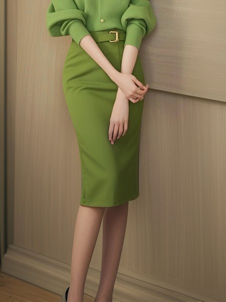 Urban Plain Midi Skirt No Belt, Green, Skirts