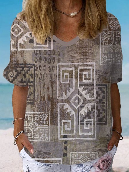 

Women's Short Sleeve Blouse Summer Ethnic Cotton Crew Neck Daily Going Out Casual Top, Khaki, Blouses