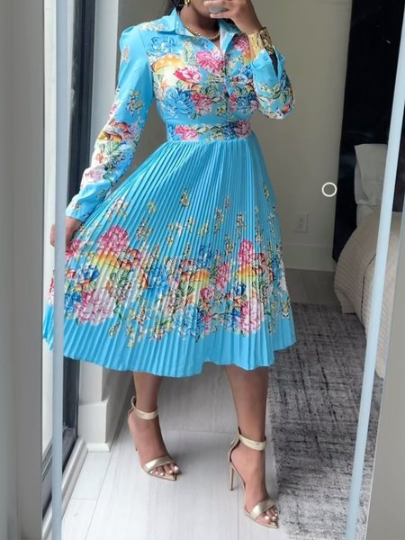 

Elegant Floral Shirt Collar Knee Length Dress, Blue, Midi Dresses