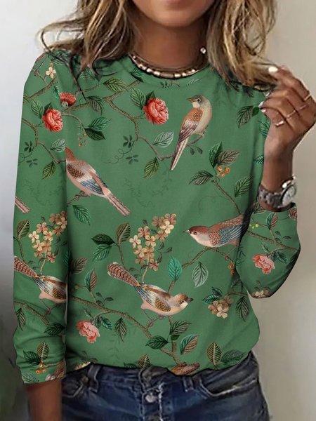 

Vintage floral and bird print long sleeved T-shirt, Green, Long sleeves