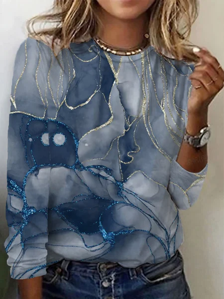 

Women's Long Sleeve Tee T-shirt Spring/Fall Abstract Cotton Crew Neck Daily Going Out Casual Top, Blue, T-Shirts