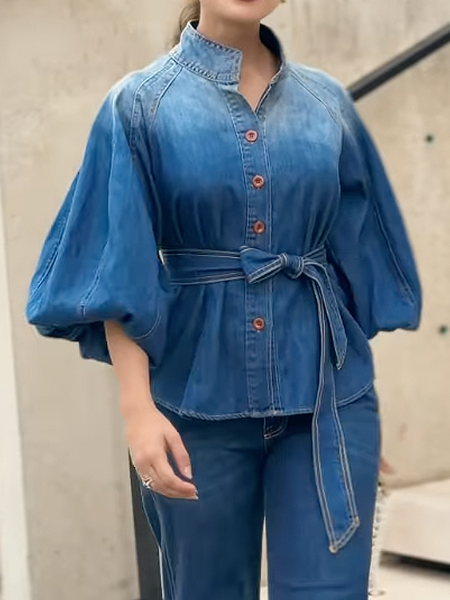 

Urban Plain Distressing Stand Collar Balloon Sleeve Denim Shirt With Belt, Denim blue, Blouses and Shirts