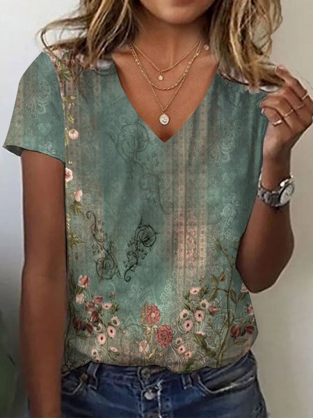 

Floral Print Short Sleeve V-neck T-Shirt, Green, T-shirts