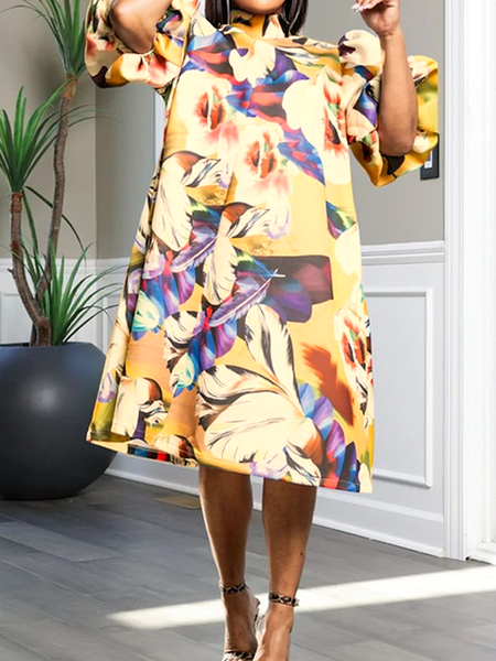Elegant Floral Puff Sleeve Printing Stand Collar Midi Dress, As picture, Midi Dresses