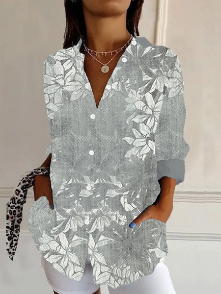 Shirt Collar Long Sleeve Floral Regular Loose Shirt For Women, Gray, Shirts