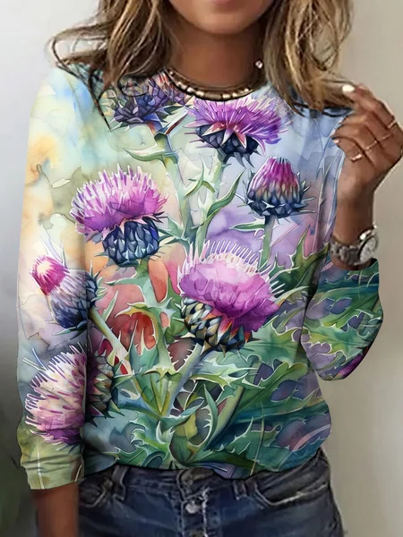 

Scottish thistle print long sleeved T-shirt, Light blue, Long sleeves