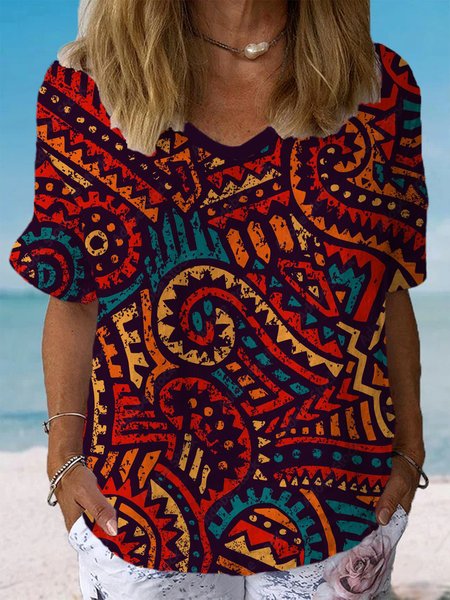 

Women's Short Sleeve Blouse Summer Ethnic Cotton Crew Neck Daily Going Out Casual Top, Red, Blouses