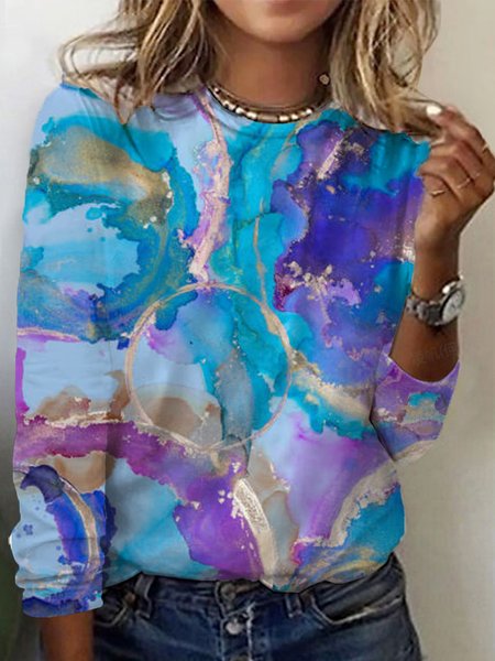 Casual Abstract Crew Neck Long Sleeve T-shirt, Blue, T-shirts
