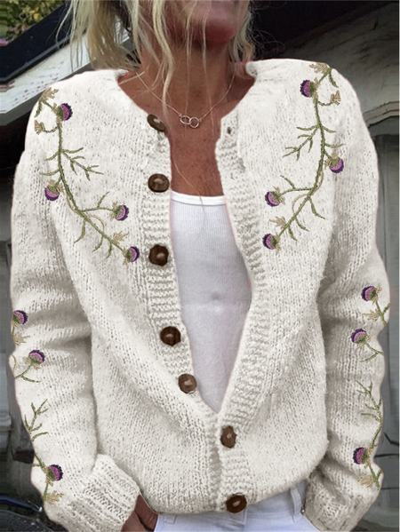 Scottish thistle knit sweater cardigan, Beige, Cardigans