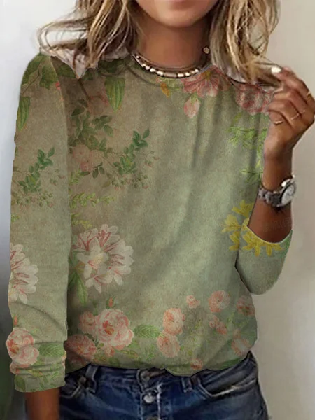 

Women's Long Sleeve Tee T-shirt Spring/Fall Floral Cotton Crew Neck Daily Going Out Casual Top, Green, T-Shirts