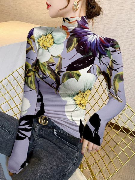 

Casual Floral Printing Turtleneck T-shirt, Purple, Tees
