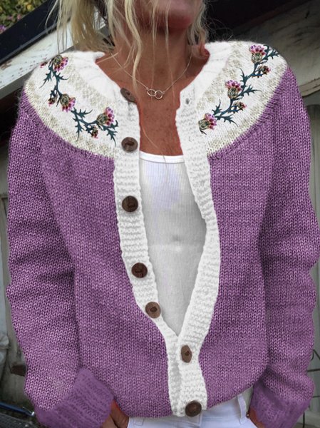 

Scottish thistle color blocked knit sweater cardigan, Purple, Cardigans