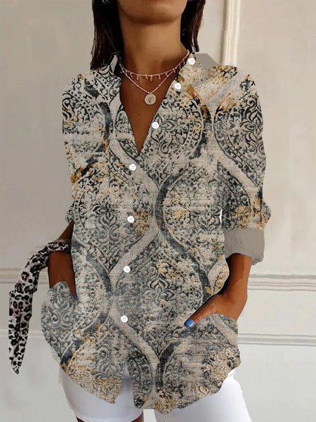 

Women's Long Sleeve Shirt Spring/Fall Ethnic Shirt Collar Daily Going Out Casual Top, Khaki, Shirts