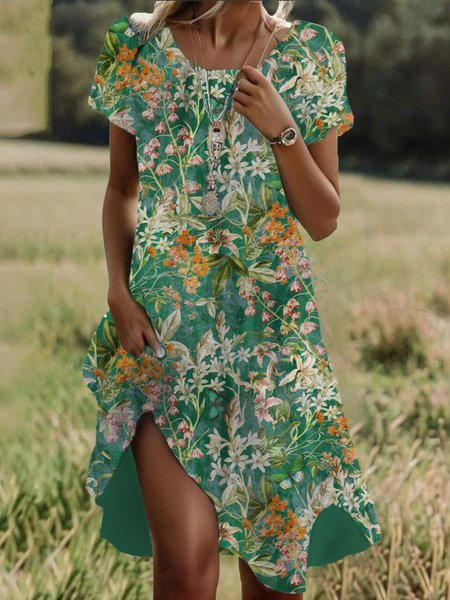 

Women's Short Sleeve Summer Floral Dress Crew Neck Daily Going Out Casual Midi H-Line T-Shirt Dress, Green, Dresses