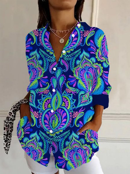 

Ethnic Print Long Sleeve Shirt, Blue, Blouses