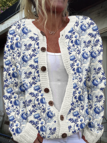

Scottish floral knit sweater cardigan, White, Cardigans