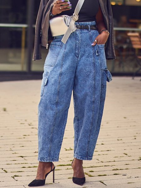 Plain Casual Denim Pockets Jeans, Blue, Jeans