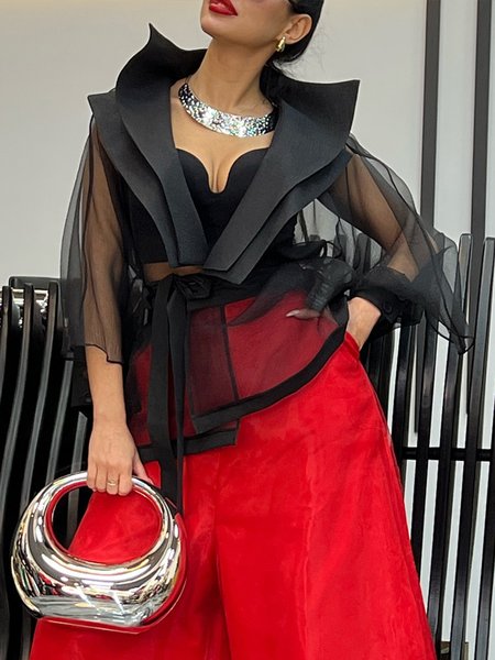 

Elegant Raglan Sleeve Split Joint Plain Shawl Collar Kimono With Belt, Black, Kimonos