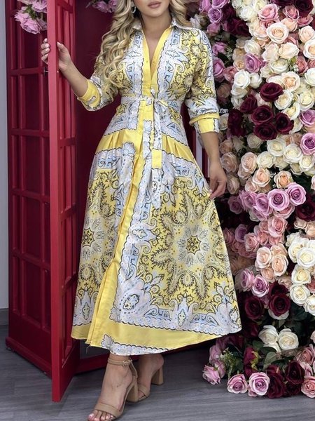 

Vacation Ethnic Patterns Shirt Collar Maxi Dress With Belt, Yellow, Maxi Dresses