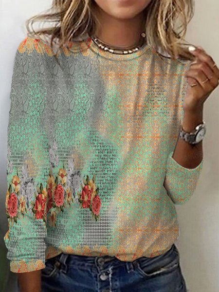 

Women's Long Sleeve Tee T-shirt Spring/Fall Floral Cotton Crew Neck Daily Going Out Casual Top, Green, T-Shirts