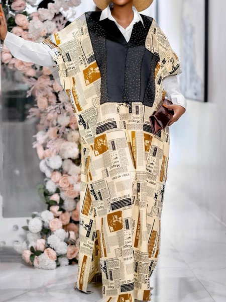 Urban Newspaper Print Raglan Sleeve V Neck Maxi Dress, As picture, Maxi Dresses