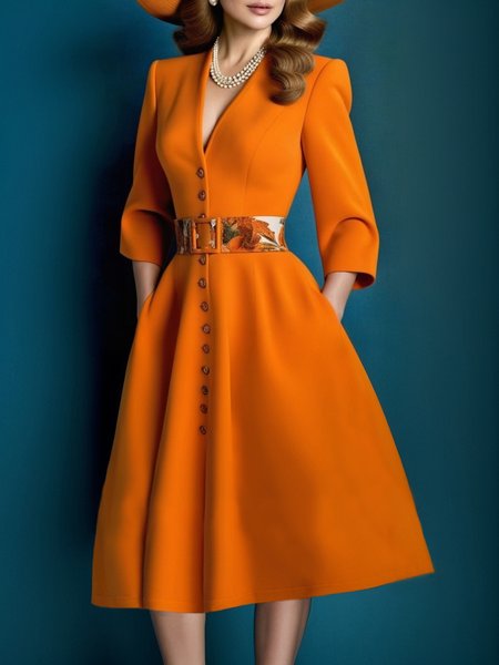 

Elegant Plain Buttoned V Neck Knee Length Dress No Belt, Orange, Midi Dresses