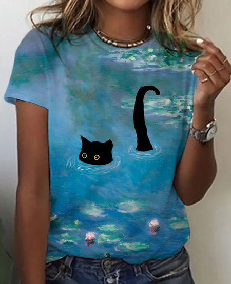 

Women's Lotus Black Cat Print 3D Printing Casual T-shirt, Blue, T-shirts