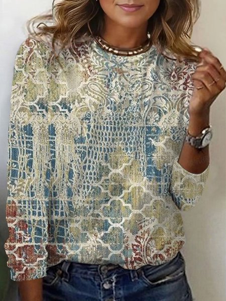

Women's Long Sleeve Tee T-shirt Spring/Fall Ethnic Jersey Crew Neck Daily Going Out Casual Top, Apricot, T-Shirts