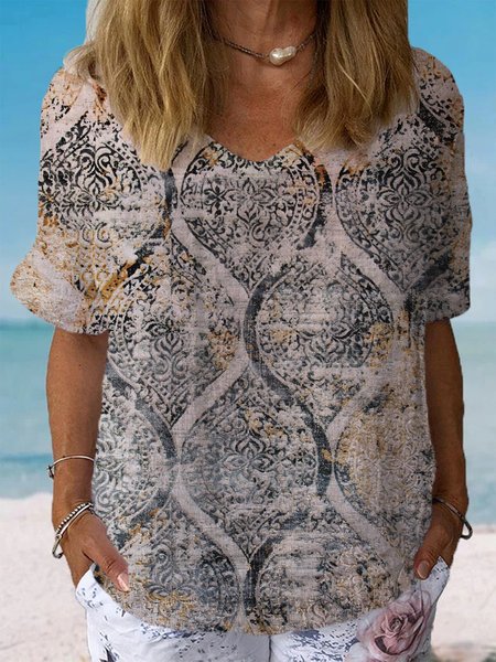 

Women's Short Sleeve Blouse Summer Ethnic Cotton Crew Neck Daily Going Out Casual Top, Gray, Blouses