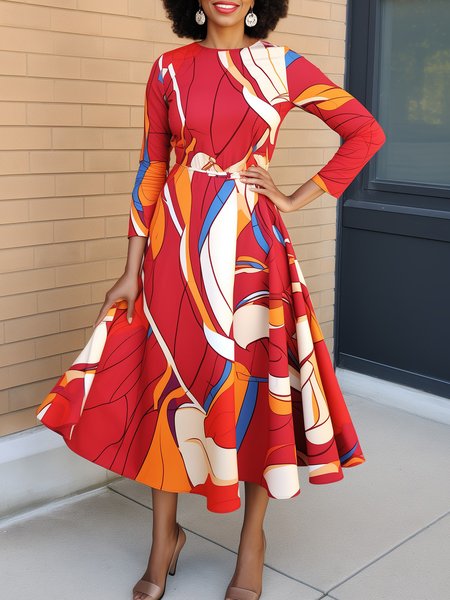 

Vacation Abstract Crew Neck Midi Dress, As picture, Midi Dresses