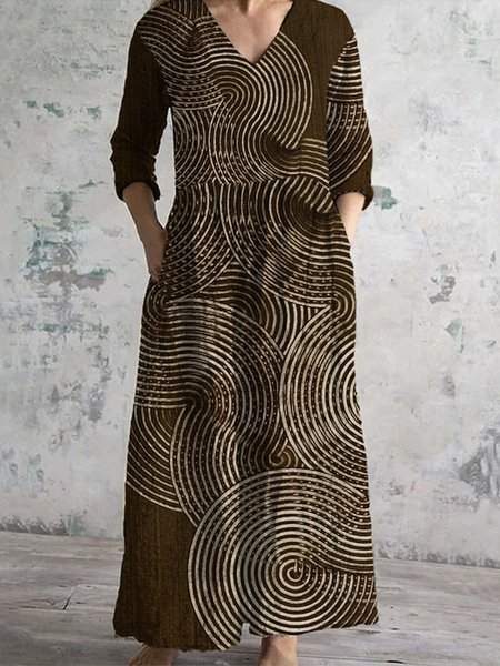 

Women Floral V Neck Long Sleeve Comfy Vintage Maxi Dress, Brown, Maxi