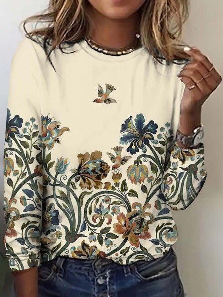 

Vintage Floral Crew Neck Long Sleeve T-shirt, Apricot, T-shirts