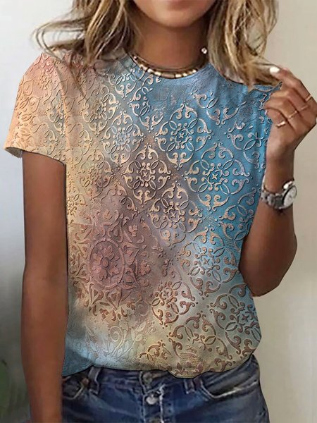 

Ethnic Print Short Sleeve Crew Neck T-shirt, Blue, T-shirts