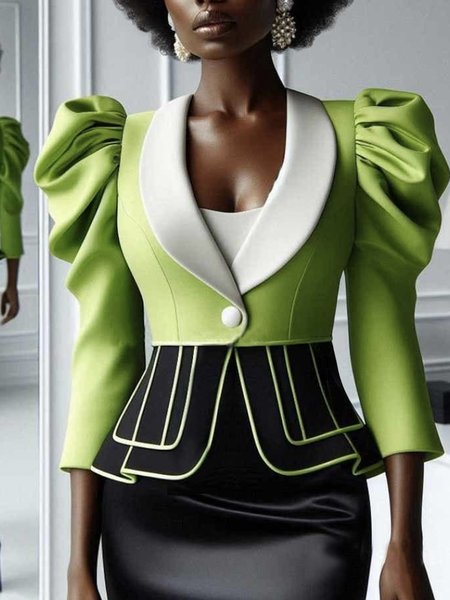 

Urban Puff Sleeve Split Joint Color Block Shawl Collar Jacket, As picture, Jackets