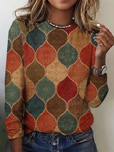 

Vintage Plaid Crew Neck Long Sleeve T-shirt, Red, T-shirts