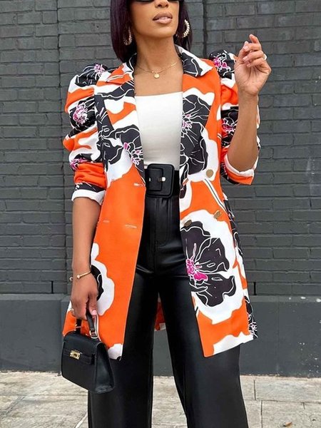 

Elegant Puff Sleeve Printing Floral Lapel Collar Blazer, Orange, Blazers